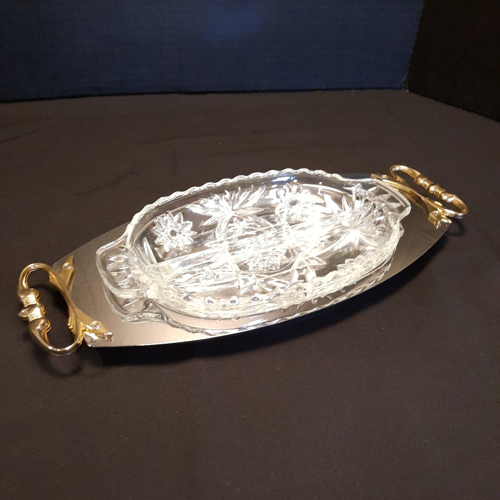 Vintage Kromex Chrome Serving Tray with Gold Tone Handle & Removable Glass  Dish